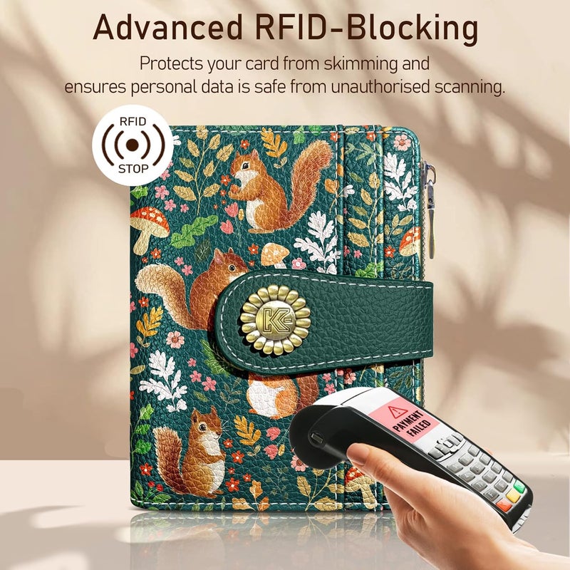 Kelvoris Cute Squirrels Small Rfid Women Wallet Bifold Zipper Coin Pocket PU Leather Compact Cash Credit Card Holder Travel Wallet for Female Ladies Teen Girls 1 ID Window 10 Card Slots - Image 3